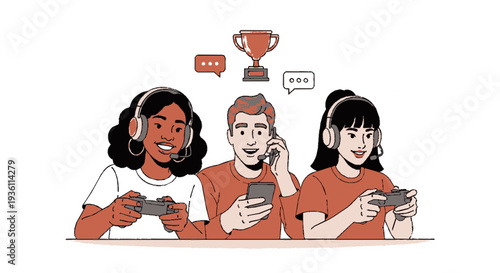 Three friends compete in a gaming tournament with headphones and controllers