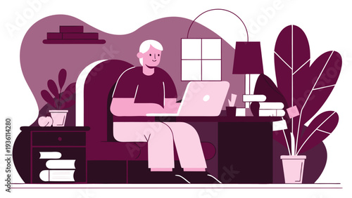 A senior man sits at a dark desk using a laptop in a purple-toned room featuring a window, a desk lamp, and various potted indoor plants.