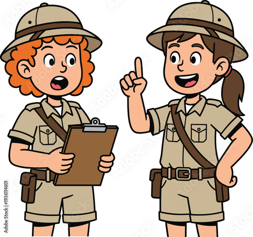 Cartoon explorers with safari outfits holding clipboard and pointing, adventure concept, discovery teamwork, expedition characters, educational illustration, travel exploration theme, vector design
