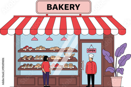 Bakery storefront illustration with pastry display, chef and customer, modern shop exterior with awning, bread and dessert showcase, small business concept design