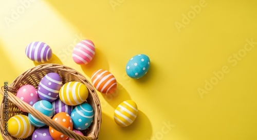 Ester sunday eggs in a woven basket on yellow background with colorful decorations