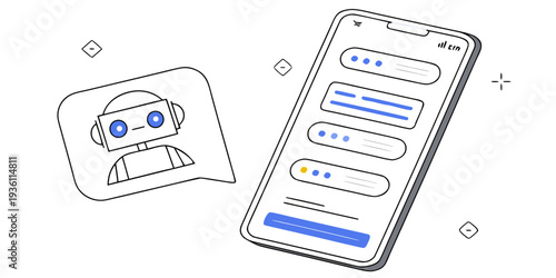 Illustration of a chatbot interface on a smartphone with a robot icon