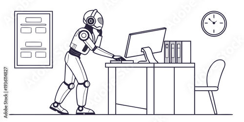 A futuristic robot assisting with office tasks at a tidy workspace.