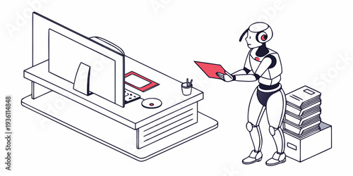 A futuristic robot organizing digital files on a computer screen with a stack of documents.