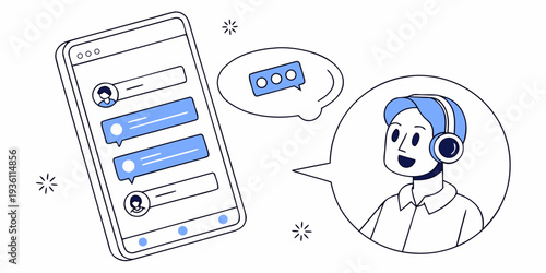 Person using a mobile app with customer support chat interface and headset