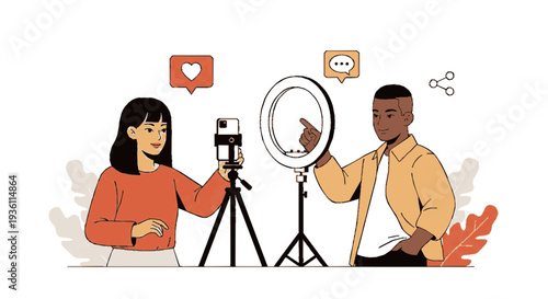 Two people recording social media video with smartphone on tripod and ring light