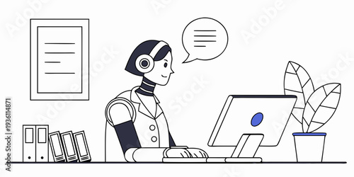 A futuristic robot assistant working at a modern desk with a laptop and documents
