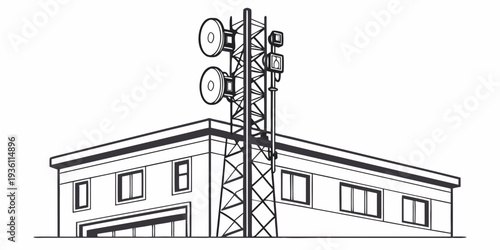 Telecommunication tower attached to a building with multiple antennas and dishes.