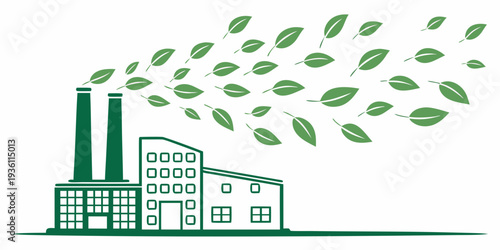 Industrial facility embracing greenery and sustainability with green leaves blowing out of smokestacks