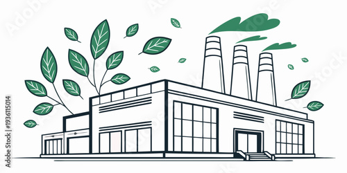 Modern industrial factory with green energy elements and leafy surroundings