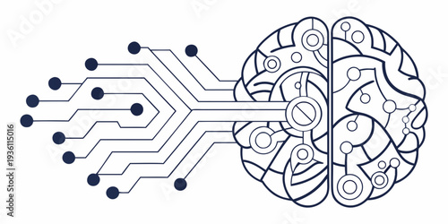 Neural network brain merging with microchip circuit design illustration