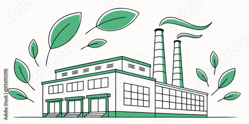 Modern factory building surrounded by green leaves and nature elements
