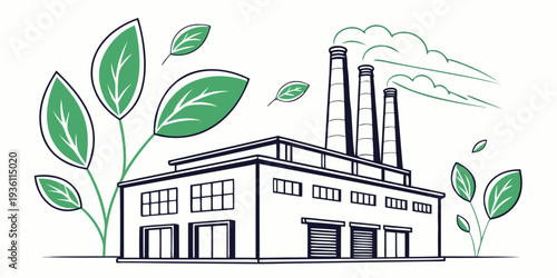 Industrial factory with emission smoke and green leaves symbolizing eco-friendliness.