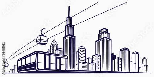 Skyline cityscape featuring a cable car transportation system against modern architecture