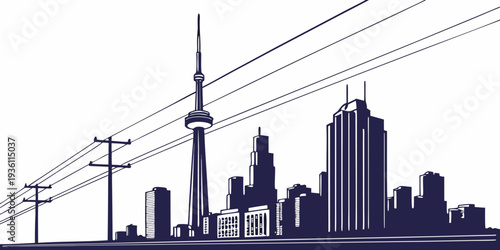 Skyline of a modern city with iconic tower and electrical lines in the foreground