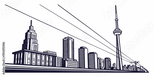 Skyline of a modern city featuring iconic buildings and tower structures