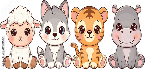 Cute Baby Farm and Wild Animals Cartoon Vector Illustration Set with Lamb, Wolf, Tiger and Hippopotamus for Nursery Design and Kids Prints
