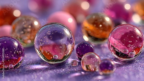 Colorful gel beads refracting light on shiny surface