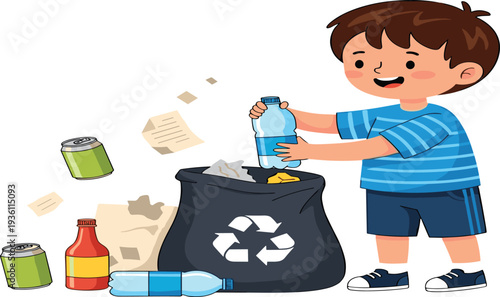 Cute Boy Recycling Plastic Bottle into Trash Bag with Recycle Symbol, Kids Environmental Awareness and Waste Sorting Vector Illustration
