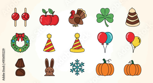 Holiday icons festive symbols and decorations