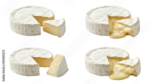 Set of 4 Camembert Cheese Wheels with Slices isolated PNG with Transparent Background
