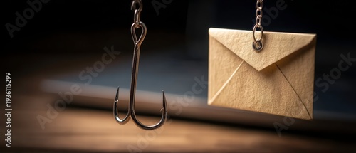 Digital Deception: A close-up shot of a fishhook subtly juxtaposed with an envelope, it speaks volumes about the deceptive tactics employed in the digital realm.