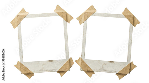 Two blank instant photo frames with brown tape isolated PNG with Transparent Background