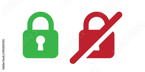 Lock and Unlock Security Icons Set – Green Secure Padlock and Red Disabled Lock Symbol for Cybersecurity, Data Protection, Privacy Control and Access Management