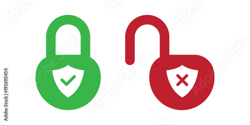 Secure and Unsecure Padlock Icons with Shield – Green Protected Lock and Red Open Lock Warning Symbol for Cybersecurity, Data Protection and Privacy Risk