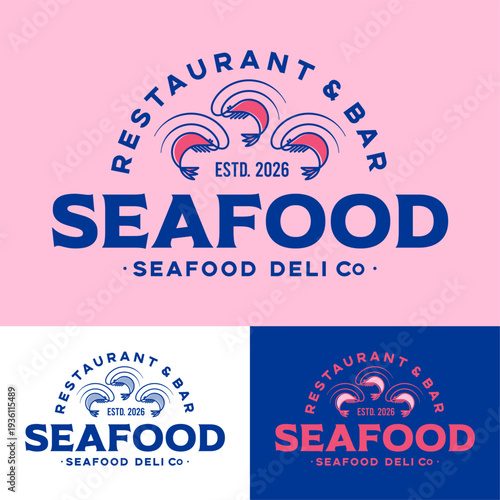 Seafood restaurant logo. Three shrimp and lettering in a rounded icon. Vintage-style signage.