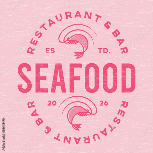 Seafood restaurant logo. Shrimps and lettering in a rounded icon. Vintage-style signage.