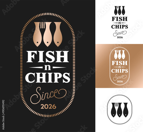 Fish and Chips restaurant logo. Silhouettes of three fish with a fork and spoon in a gold frame.