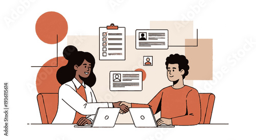 Two diverse colleagues shaking hands over laptops in modern office setting with documents