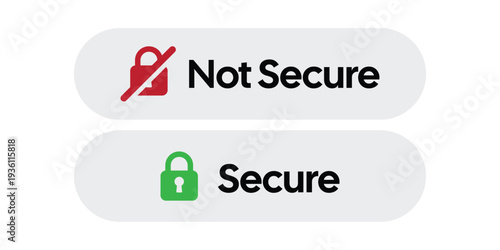 Secure and Not Secure Website Status Icons – Green Padlock and Red Warning Lock for Browser Security, Cybersecurity, Data Protection and Privacy Indicators