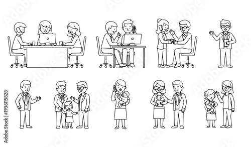 Minimalist Diversity People Outline Vector – Office Workers Business Characters and Mother with Baby Line Art Set
