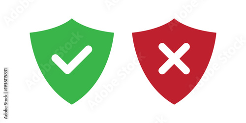 Security Shield Icons with Check and Cross – Green Approved Protection Shield and Red Denied Security Symbol for Cybersecurity, Data Protection and Privacy Control