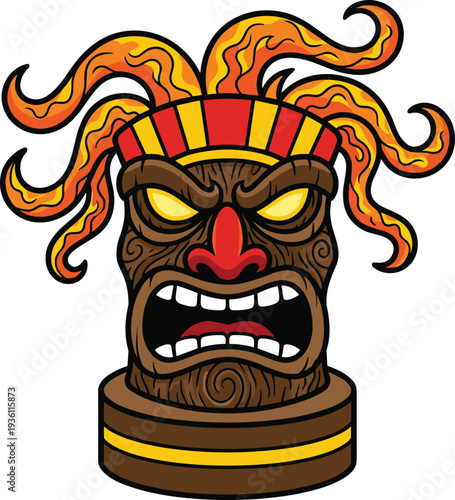 Fierce Tribal Tiki Mask Vector Illustration Featuring Intense Glowing Eyes and Dynamic Stylized Flames Isolated on White Background