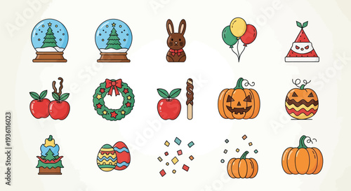 Holiday icon set with festive decorations