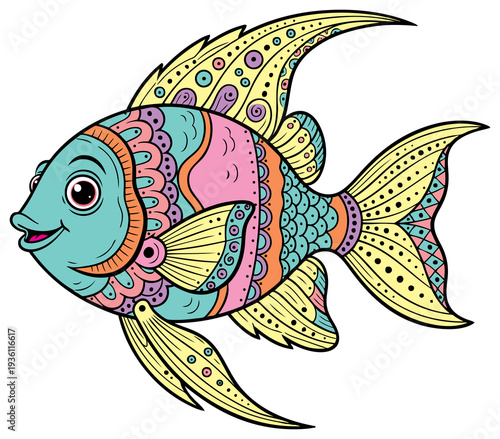A colourful patterned fish illustration with a smiling happy face.