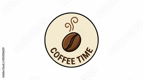 Round Logo Featuring A Coffee Bean With Steam And Text Coffee Time On A Creamy Beige Background Isolated On White