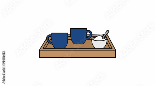 Two Blue Coffee Cups and a Sugar Bowl on a Wooden Tray with a Spoon on a White Background