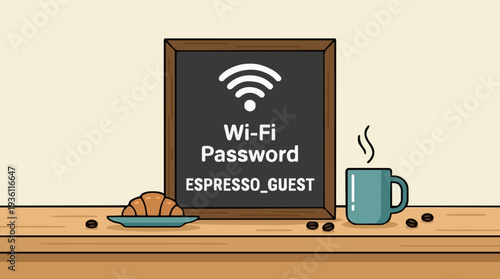 Pixel Art Cafe Scene With Wi-Fi Password Croissant and Coffee Cup On Wooden Table Against Light Yellow Wall
