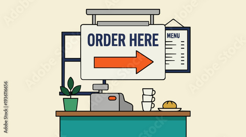 Order Here Sign with Arrow on Counter in Cafe with Menu and Plant