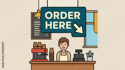 Friendly Barista Standing Behind Counter With Espresso Machine And Cash Register Ready To Take Orders In A Cozy Cafe Setting