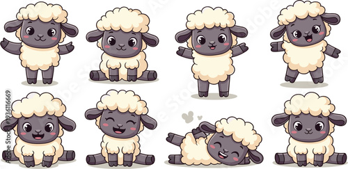 Cute Cartoon Sheep Character Set with Funny Lamb Poses for Kids Illustration, Nursery Design, Farm Animal Mascots, Stickers, and Children Book Graphics