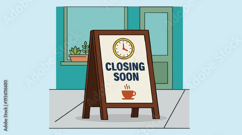 Pixel Art A Frame Sign Outside Storefront Reads Closing Soon With Clock And Coffee Cup Illustration On Pale Blue Background