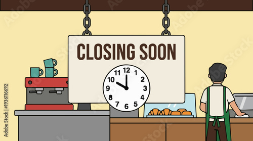 Cafeteria Counter Displaying Closing Soon Sign With Clock And Barista Preparing For End Of Shift