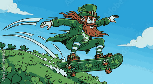 Leprechaun skateboards down green hill with shamrocks under blue sky with clouds