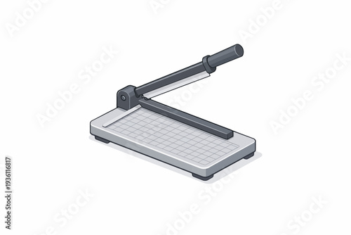 Essential isometric paper cutter icon for office and creative work, depicting a precise manual guillotine tool for accurate trimming of documents and craft materials