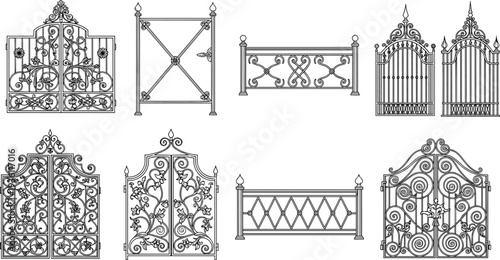 Collection of ornate wrought iron gates and fence panels vector set, vintage decorative metal entrance designs, classic garden gate silhouettes isolated for architecture and security design